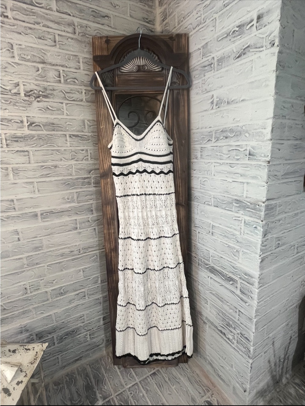 Zara White Crochet Maxi Dress with Black Stripes - Spaghetti Straps